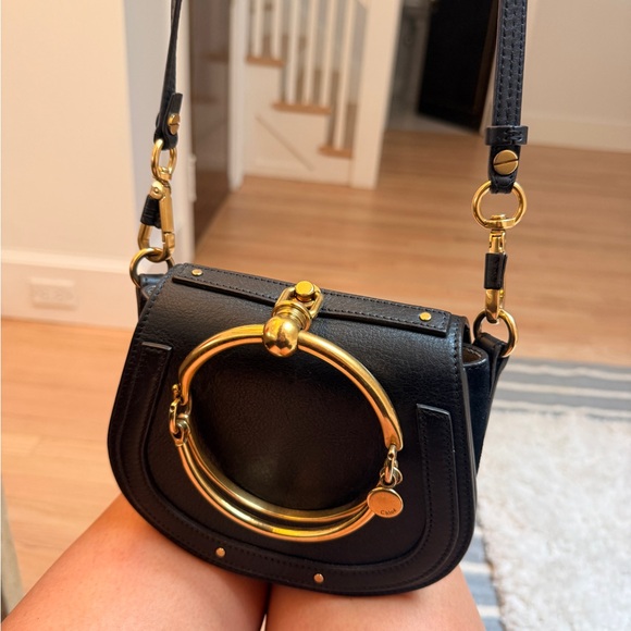 Chloe Handbags - Chloe Black Leather Shoulder Bag with Gold Bracelet Ring